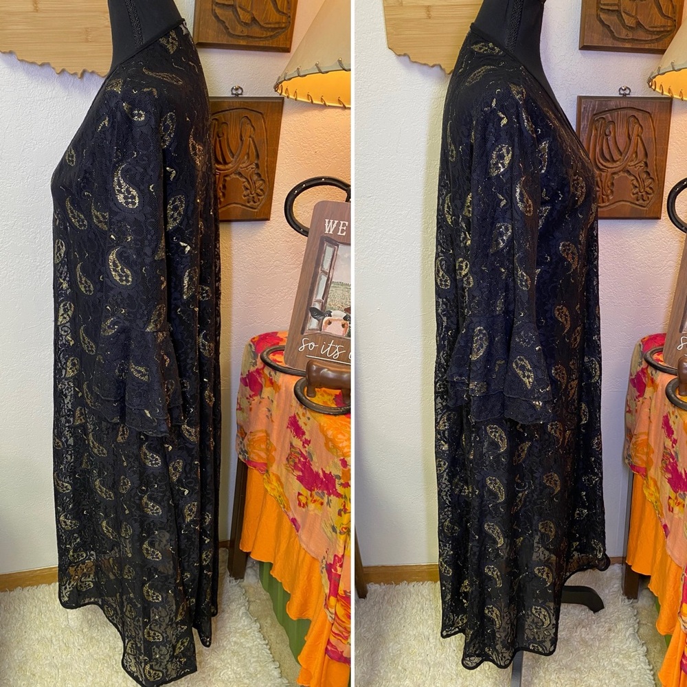 Grace + Emma Open Front Black Gold Lace Bell Sleeve Duster Kimono Whimsigoth S/M - Picture 3 of 12